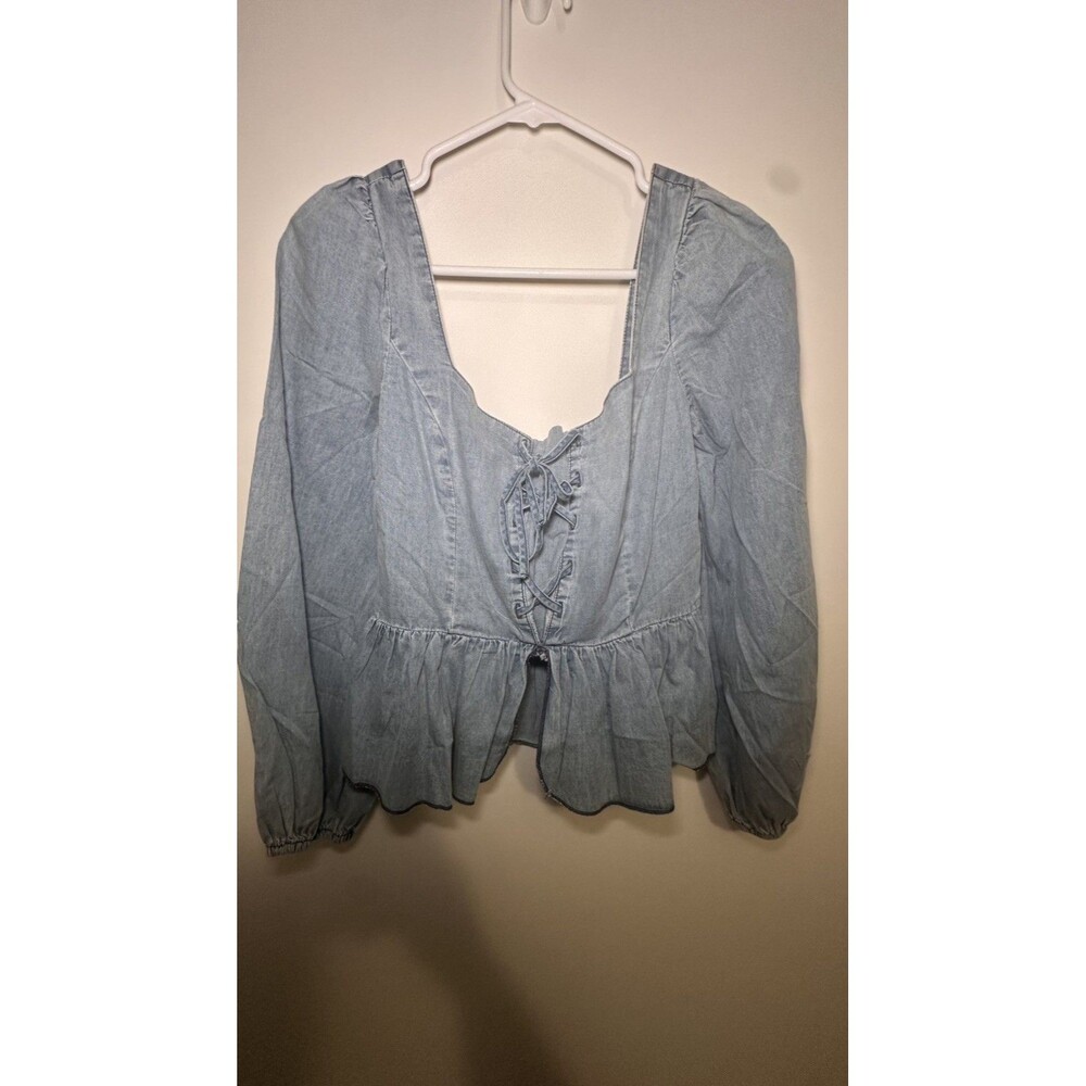 Boho Peasant S Denim Chambray Tied Front Long Sleeve Smocked Back Blouse